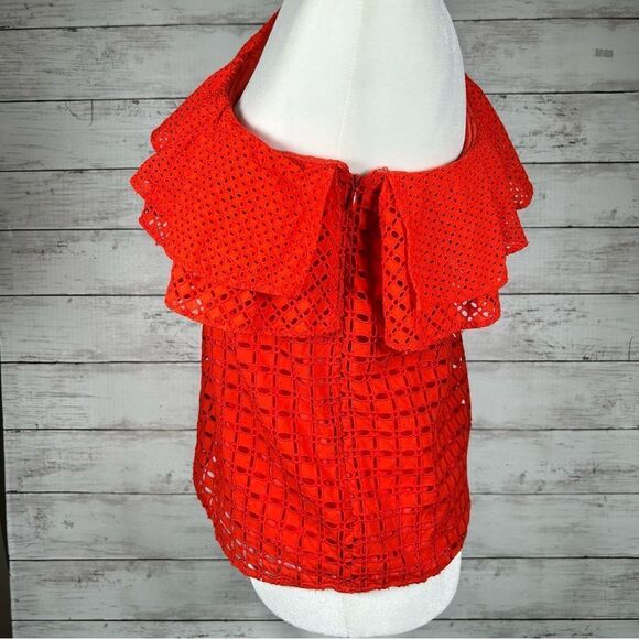 J. Crew One Shoulder Cotton Eyelet Ruffle Red Lined Top 2 Runs Medium 6/8 - Picture 6 of 9
